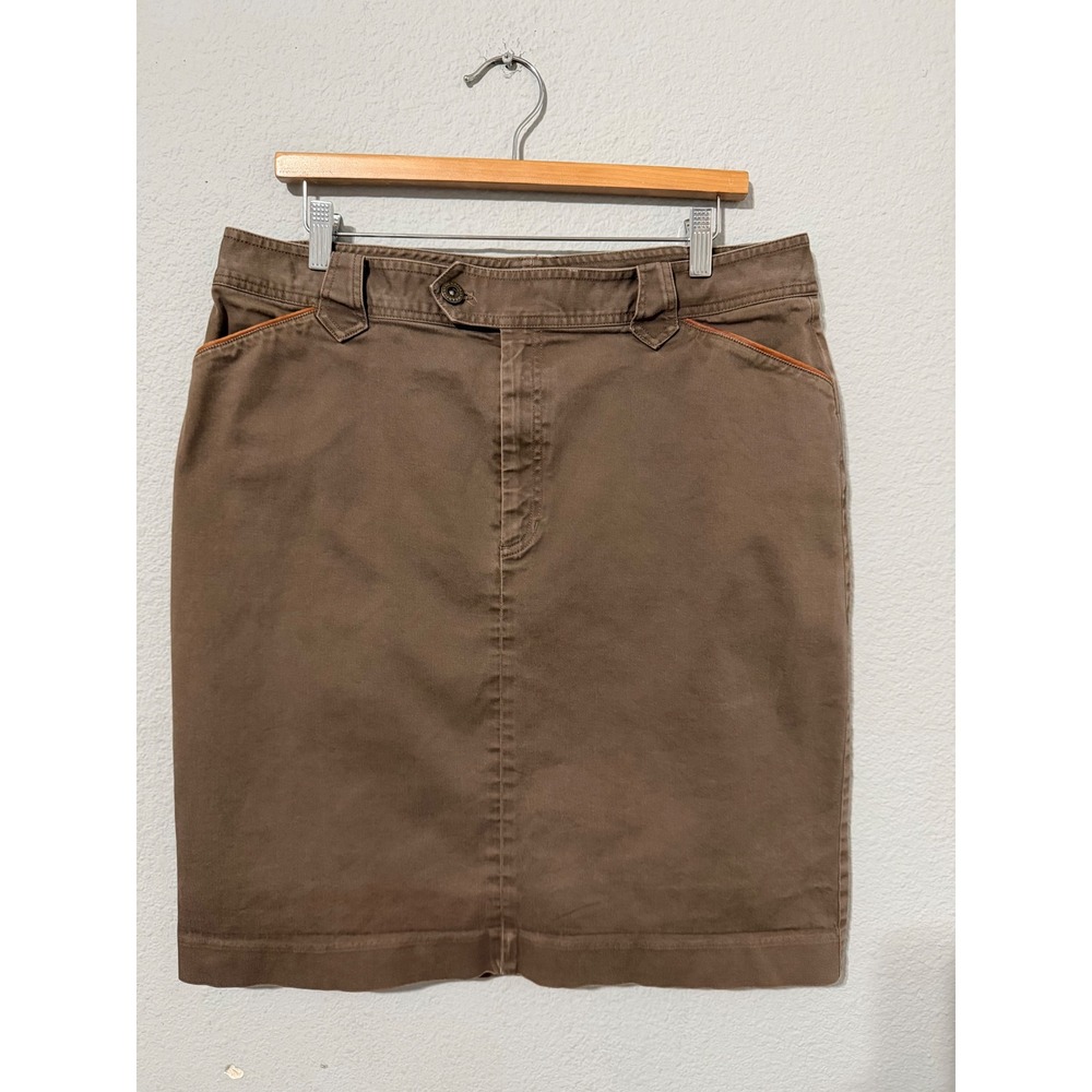 90s Lauren Ralph Lauren Brown Cotton Pencil Skirt Sz 16 Leather Trim Knee Length